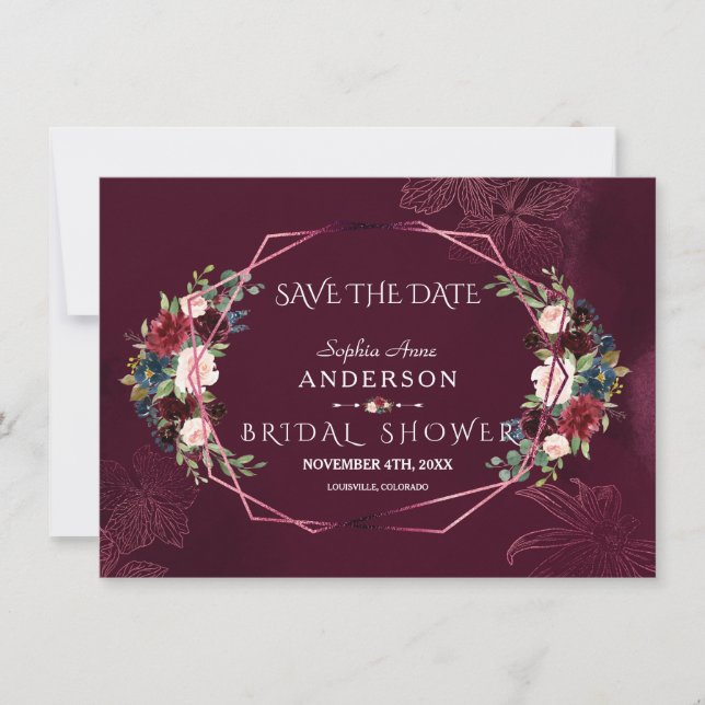Royal Burgundy Floral Geometric Bridal Shower Save The Date (Front)