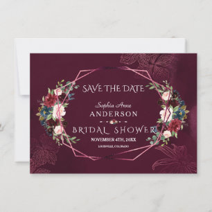 Royal Burgundy Floral Geometric Bridal Shower Save The Date