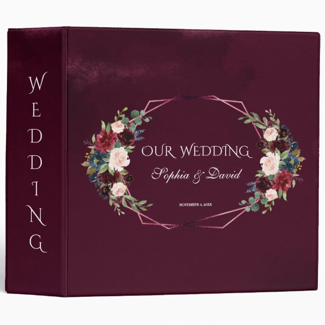 Royal Burgundy Floral Geometric Wedding Album 3 Ring Binder (Front/Spine)