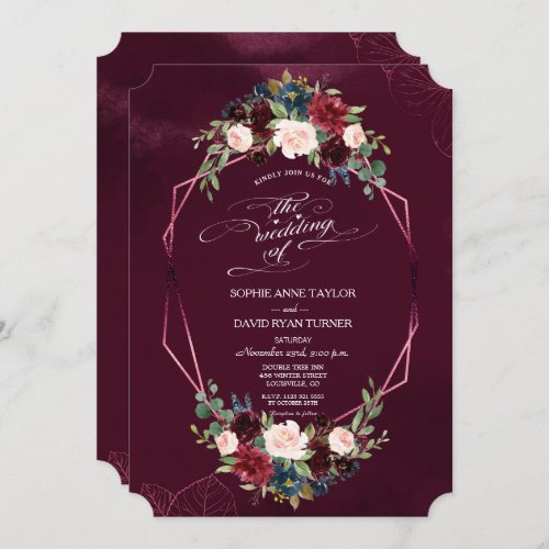 Royal Burgundy Floral Geometric Wedding Invitation