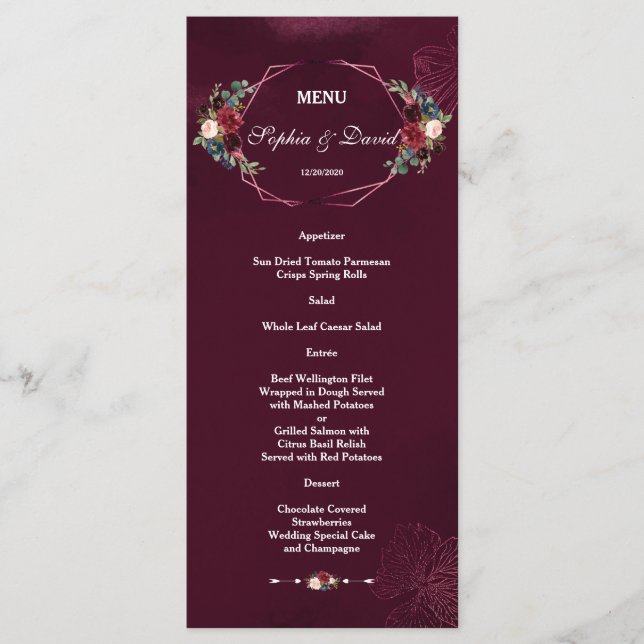 Royal Burgundy Floral Geometric Wedding Menu (Front)