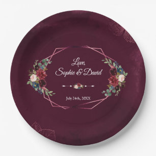 Royal Burgundy Floral Geometric Wedding Paper Plates