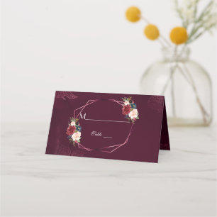 Royal Burgundy Floral Geometric Wedding Place Card