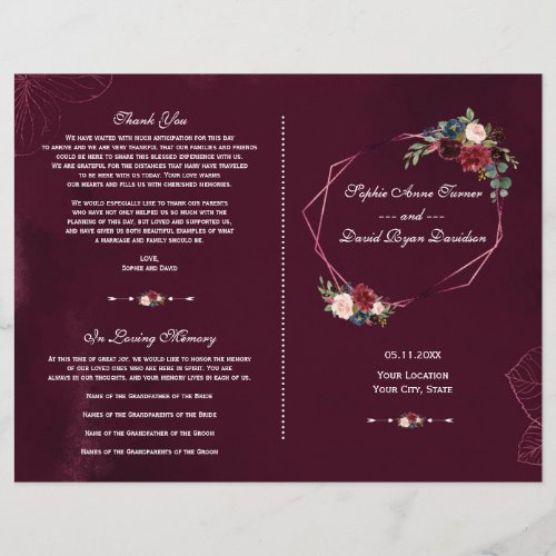 Royal Burgundy Floral Geometric Wedding  Program