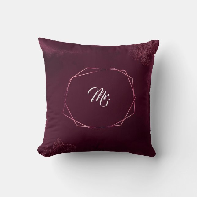 Royal Burgundy Floral Geometric Wedding Throw Pillow (Front)