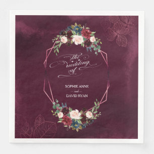 Royal Burgundy Floral Leaves Geometric Wedding Paper Dinner Napkins