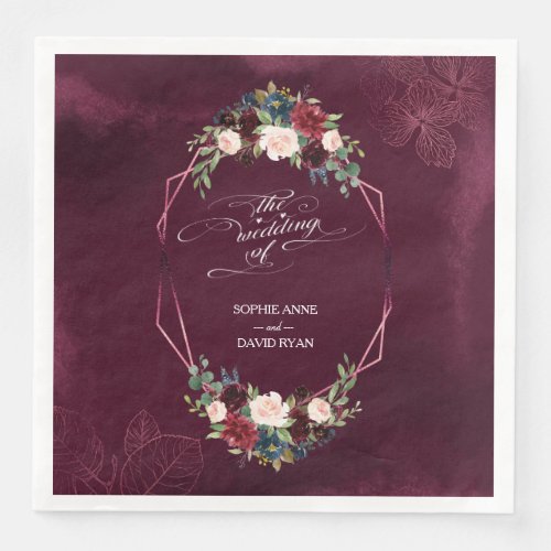 Royal Burgundy Floral Leaves Geometric Wedding Paper Dinner Napkins