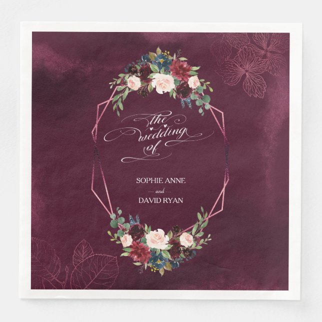 Royal Burgundy Floral Leaves Geometric Wedding Paper Dinner Napkins (Front)