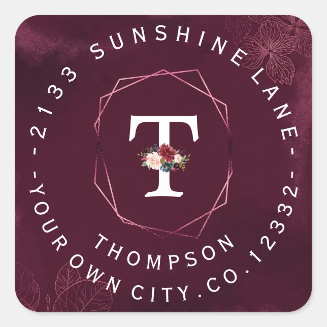 Royal Burgundy Floral Monogram Circular Label (Front)