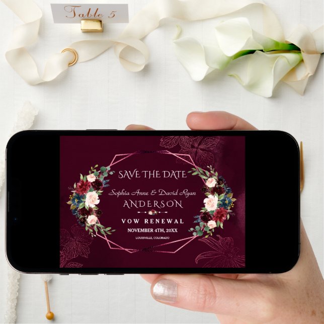 Royal Burgundy Floral Renew The Vows Save The Date (Front Digital)