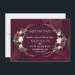 Royal Burgundy Floral Renew The Vows Save The Date<br><div class="desc">Elegant,  Unique design featuring a burgundy blush watercolor floral bouquets,  geometric rose gold textured shape,  all on a bold burgundy background with outlined leaves. Use Personalize tool to add your info. For matching items,  please,  visit my Burgundy Leaves Geometric Collection.</div>