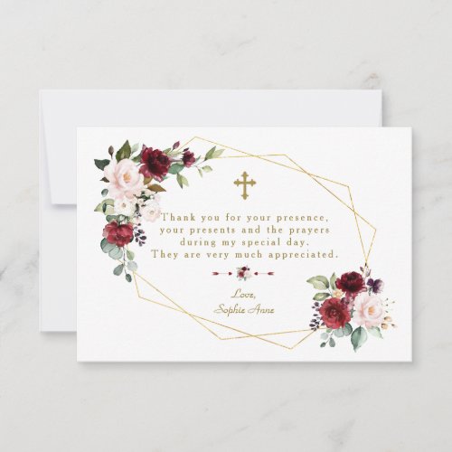 Royal Burgundy Flowers Gold Frame Cross Baptism Thank You Card