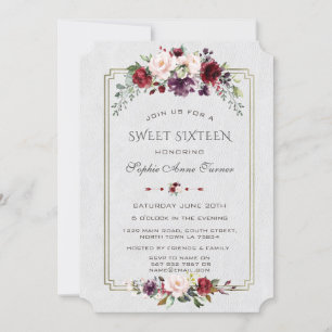 Royal Burgundy Flowers Gold Frame Sweet Sixteen Invitation