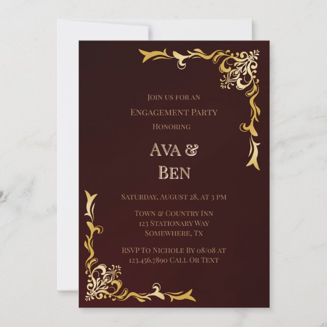 Royal Burgundy Gold Flourishes Engagement Party Invitation (Front)