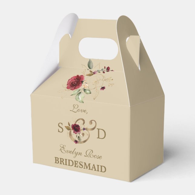 Royal Burgundy Gold Flowers Monogram Wedding Favor Boxes (Front Side)