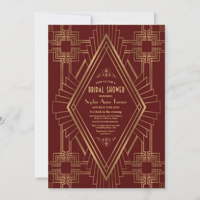 Royal Burgundy Gold Great Gatsby Bridal Shower Invitation (Front)