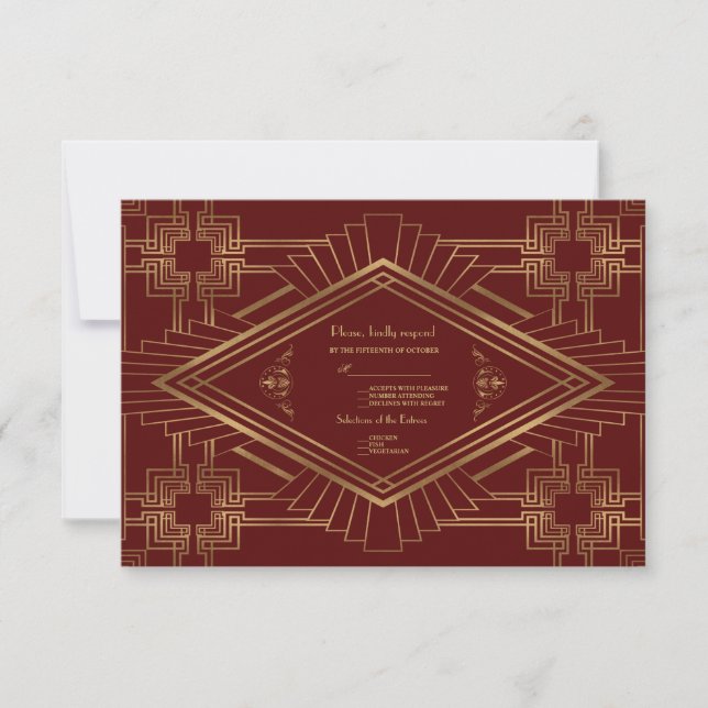 Royal Burgundy Gold Great Gatsby Wedding RSVP Card (Front)