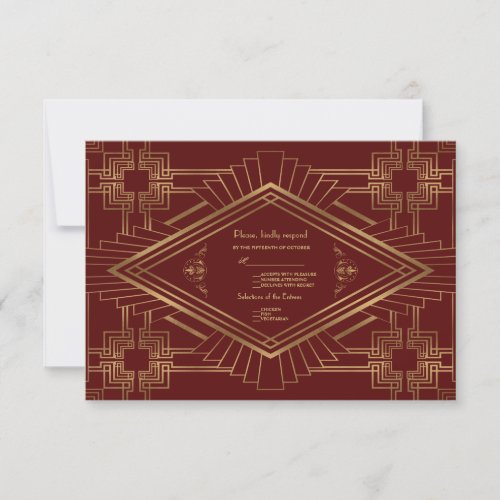 Royal Burgundy Gold Great Gatsby Wedding RSVP Card
