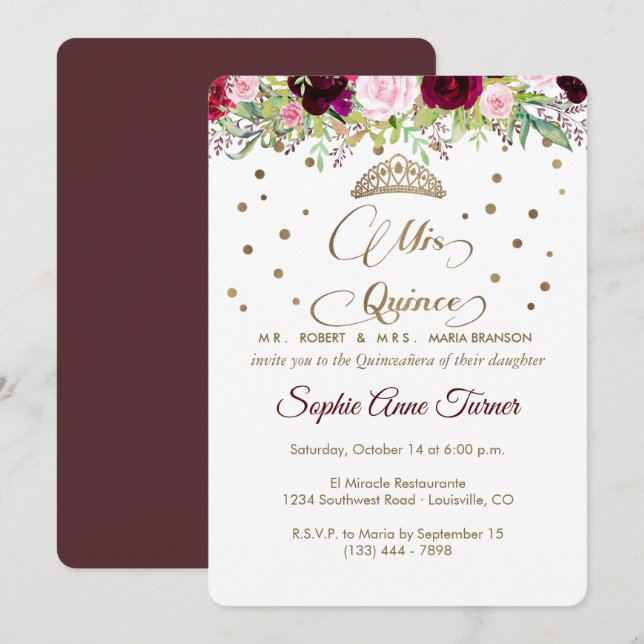 Royal Burgundy Gold Mis Quince Script Quinceañera Invitation (Front/Back)