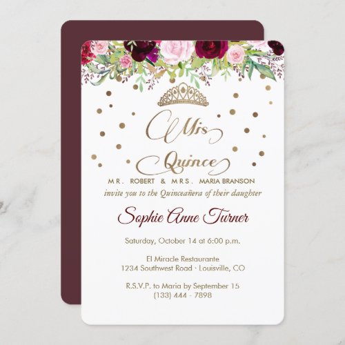 Royal Burgundy Gold Mis Quince Script Quinceaera Invitation