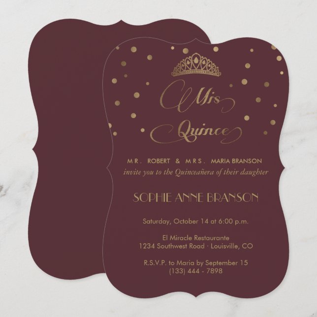 Royal Burgundy Gold Mis Quince Script Quinceañera Invitation (Front/Back)