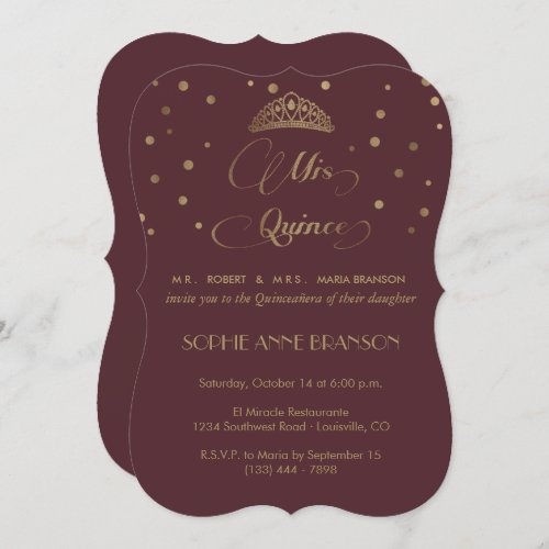 Royal Burgundy Gold Mis Quince Script Quinceaera Invitation