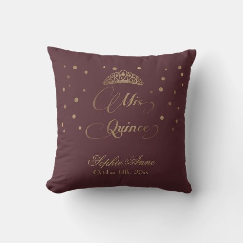 Royal Burgundy Gold Mis Quince Script Quinceaera Throw Pillow