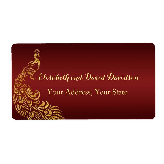Royal Burgundy Gold Peacock Wedding Address Label (Front)