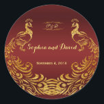 Royal Burgundy Gold Peacock Wedding Custom Classic Round Sticker<br><div class="desc">Unique Design featuring Royal Burgundy Gradient background and abstract Gold Sparkling Peacocks for your special wedding event. It will give an unique touch to your wedding style. Be different! Personalize with your own information. If you need to move the text, or change the size, font, or color, click Customize It...</div>