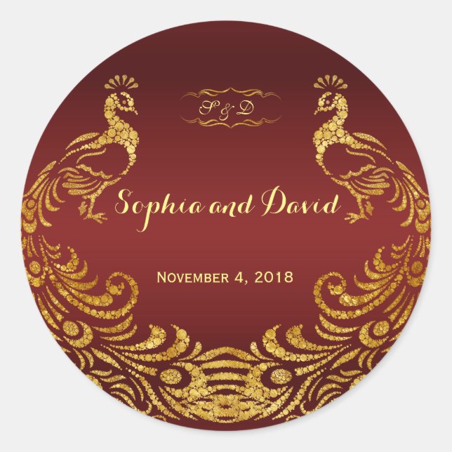 Royal Burgundy Gold Peacock Wedding Custom Classic Round Sticker (Front)
