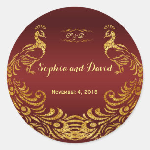 Royal Burgundy Gold Peacock Wedding Custom Classic Round Sticker