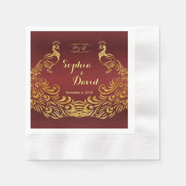 Royal Burgundy Gold Peacock Wedding Custom Paper Napkins (Front)