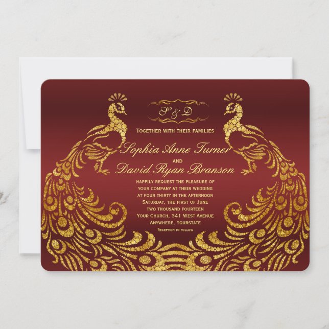 Royal Burgundy Gold Peacock Wedding Invitation (Front)