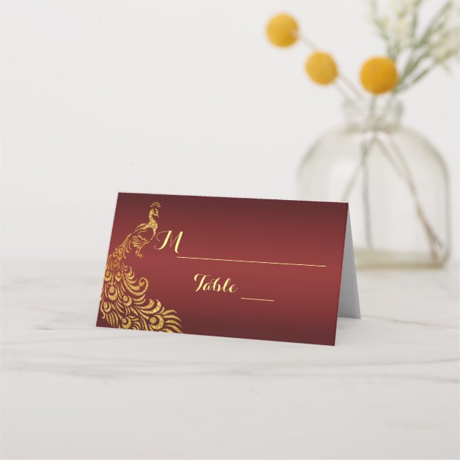 Royal Burgundy Gold Peacock Wedding Place Card (Front)