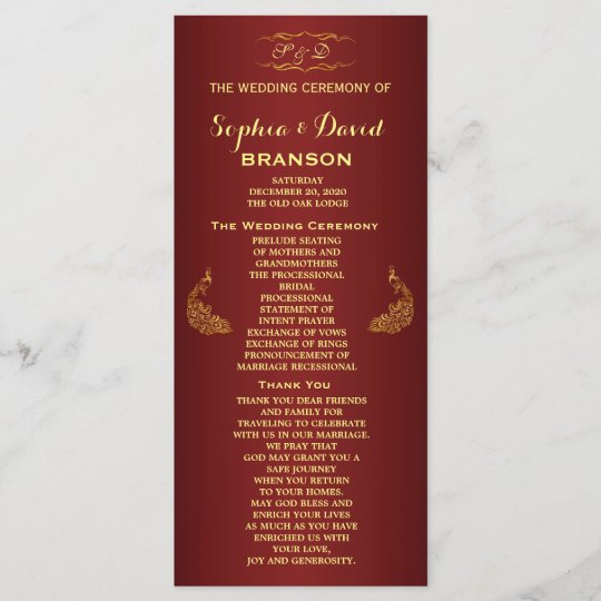 Royal Burgundy Gold Peacock Wedding Program Custom Zazzle Com