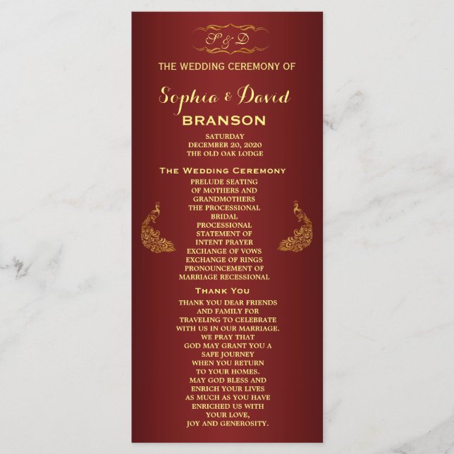 Royal Burgundy Gold Peacock Wedding Program Custom (Front)