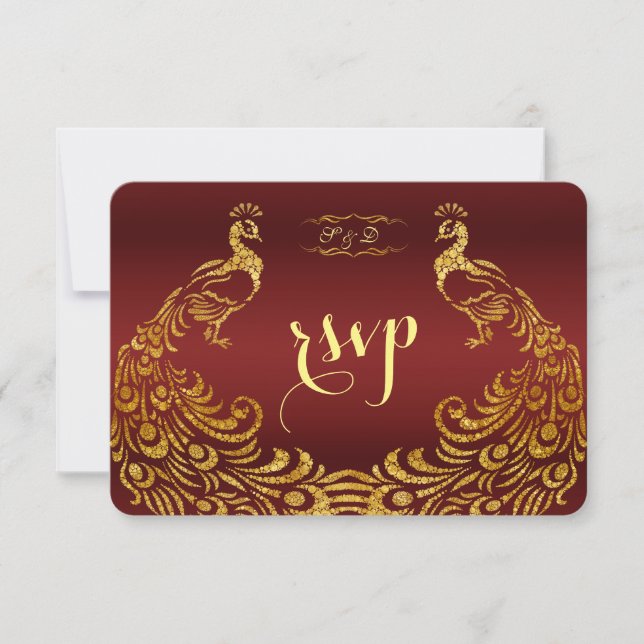 Royal Burgundy Gold Peacock Wedding RSVP (Front)