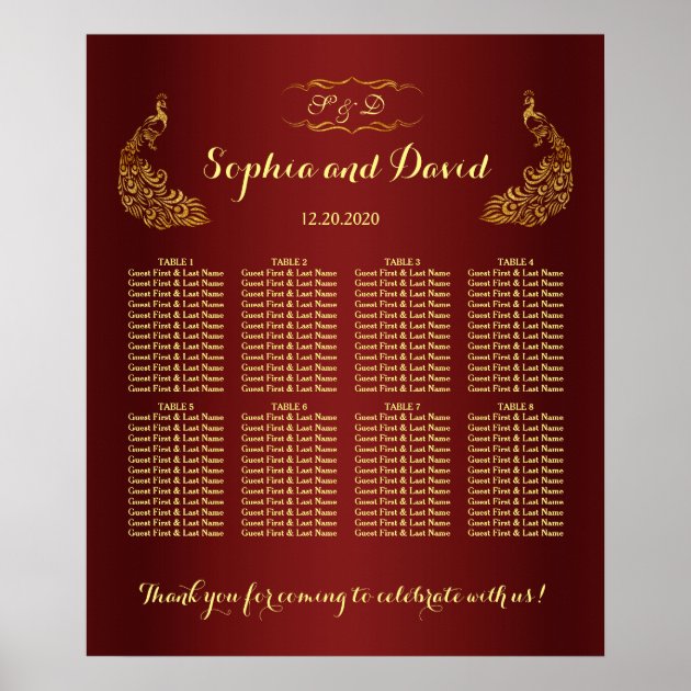 Royal Burgundy Gold Peacock Wedding Seating Chart Poster