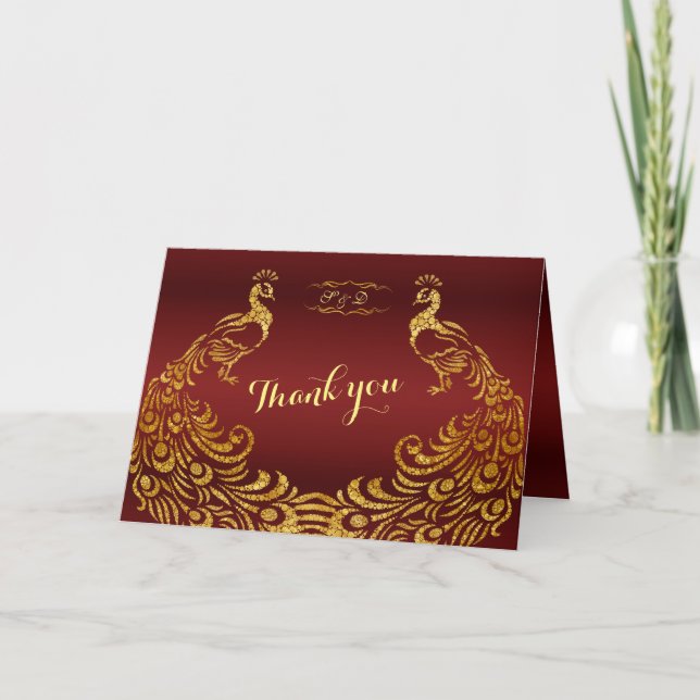 Royal Burgundy Gold Peacock Wedding THANK YOU (Front)