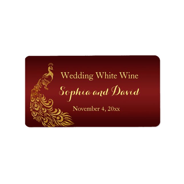 Royal Burgundy Gold Peacock Wedding Wine Favor Label (Front)