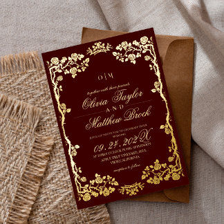 Royal Burgundy Gold Rose Flowers The Wedding of Foil Invitation