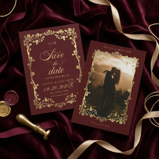Royal Burgundy Gold Rose Flowers The Wedding of Save The Date