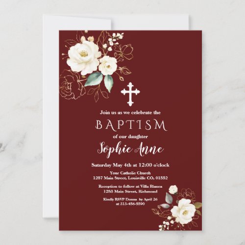 Royal Burgundy Gold White Flowers Girl Baptism Invitation