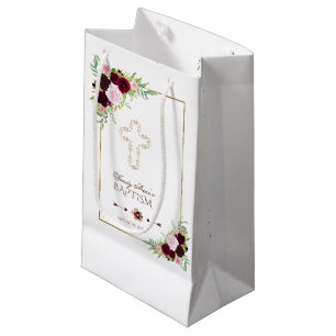 Royal Burgundy Marsala Floral Baptism Small Gift Bag