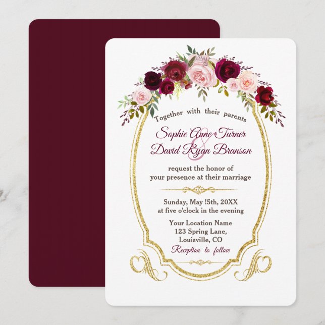 Royal Burgundy Marsala Floral Fall Wedding Invitation (Front/Back)