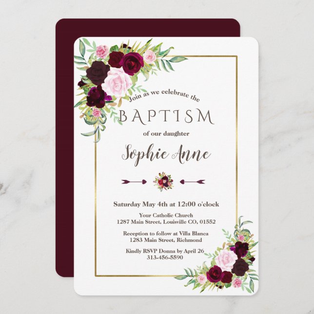 Royal Burgundy Marsala Floral Girl Baptism Invite (Front/Back)