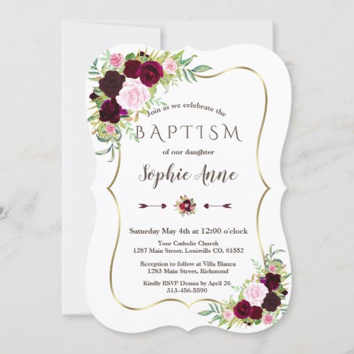 Royal Burgundy Marsala Floral Gold Girl Baptism Invitation