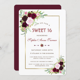 Royal Burgundy Marsala Floral Gold Sweet 16 Invitation