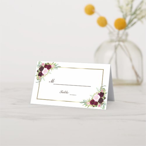 Royal Burgundy Marsala Floral Gold Table Number Place Card