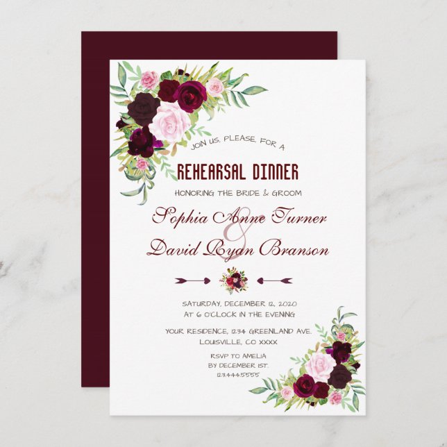 Royal Burgundy Marsala Floral Rehearsal Dinner Invitation (Front/Back)